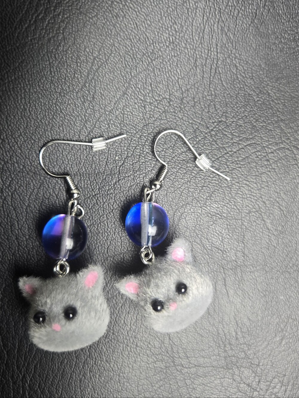 Grey Fuzzy Cat Earrings With Cat Eye Beads
